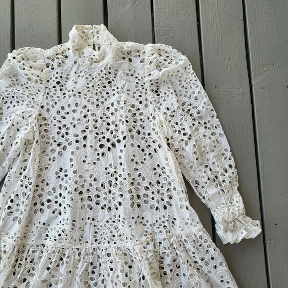 Women's White Sheer Eyelet Long Sleeves Puff‎ Shoulder Flounce Hem Mini Dress L - Picture 4 of 8